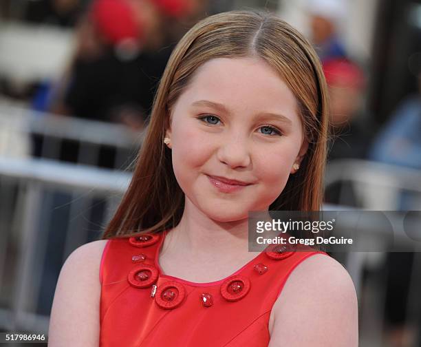 Actress Ella Anderson arrives at the premiere of USA Pictures' "The Boss" at Regency Village Theatre on March 28, 2016 in Westwood, California.