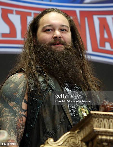 Professional wrestler Bray Wyatt attends WWE WrestleMania Stars Ring The NYSE Opening Bell at New York Stock Exchange on March 29, 2016 in New York...