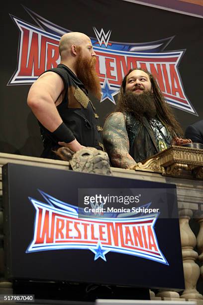 Professional wrestlers Erick Rowan and Bray Wyatt attend WWE WrestleMania Stars Ring The NYSE Opening Bell at New York Stock Exchange on March 29,...