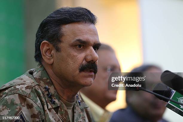 Pakistani Army Spokesman Lieutenant General Asim Saleem Bajwa holds a press conference at the Building of Ministry of Information and Broadcasting in...