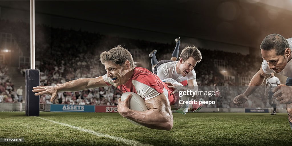 Rugby Player Dives to Score Whilst Being Tackled