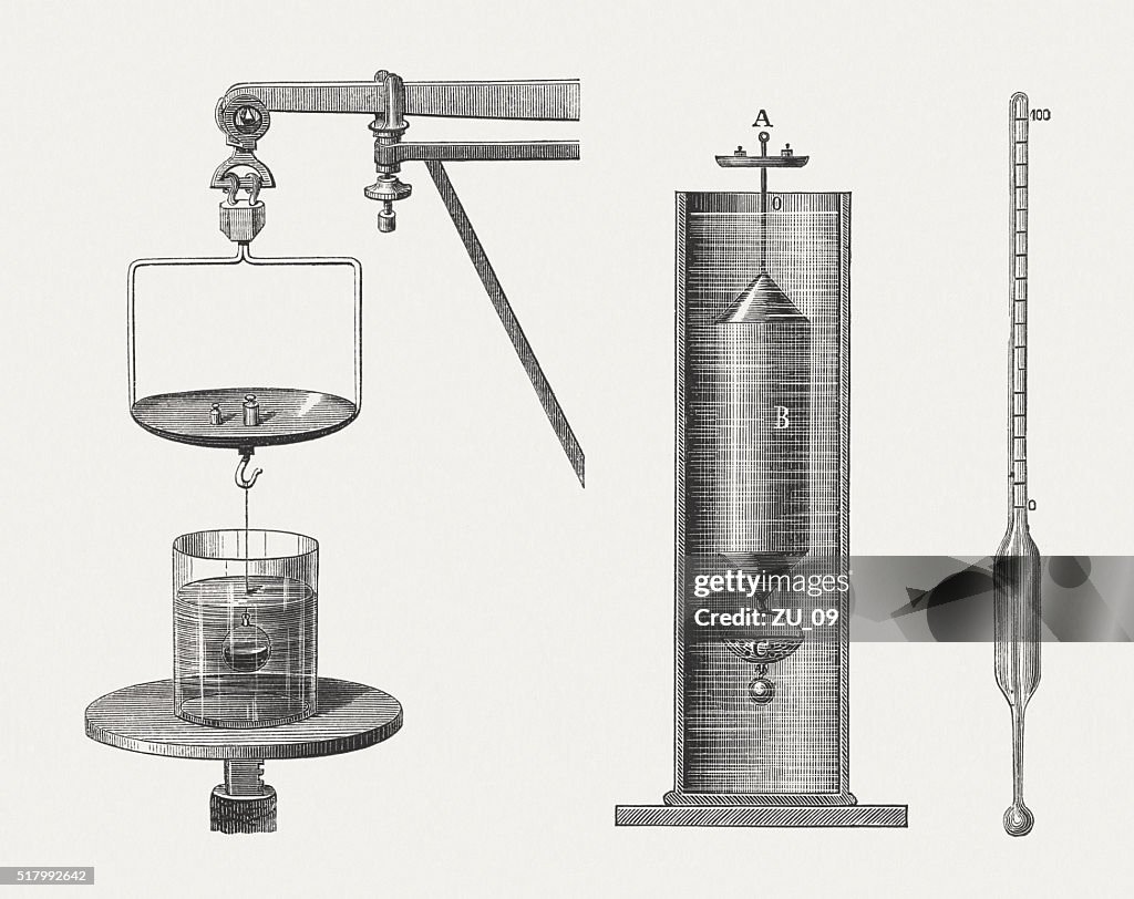 Hydrometers, wood engravings, published in 1880