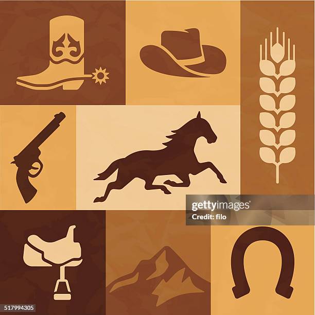 bildbanksillustrationer, clip art samt tecknat material och ikoner med western cowboy and horse riding elements - cowboy