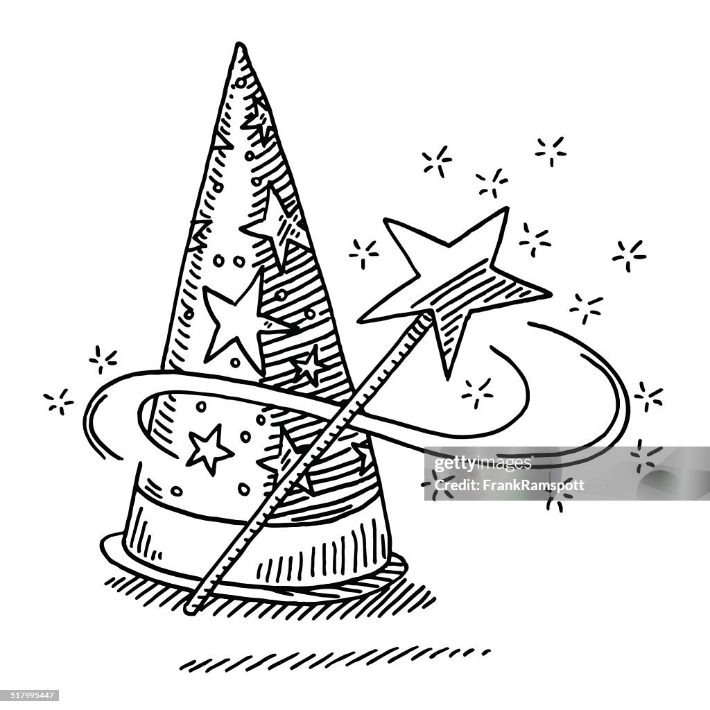 Wizard Hut mit Zauberstab Sterne-Zeichnung