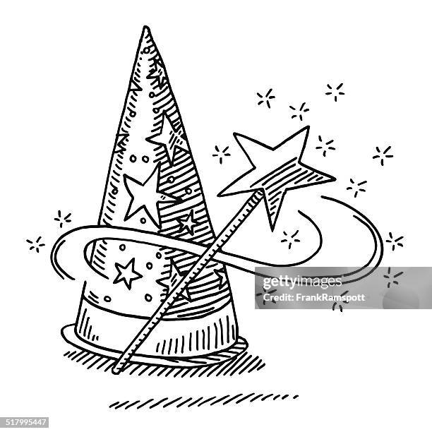 wizard hat magic wand star drawing - the stuff of myth and legend stock illustrations