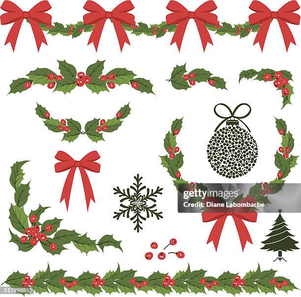 ilustraciones, imágenes clip art, dibujos animados e iconos de stock de acebo de navidad decoración y ornamentos - acebo