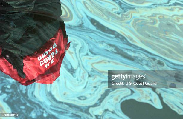 In this handout provided by the U.S. Coast Guard, the image of Chief Petty Officer Britton E. Henderson, Atlantic Strike Team, is reflected in an oil...