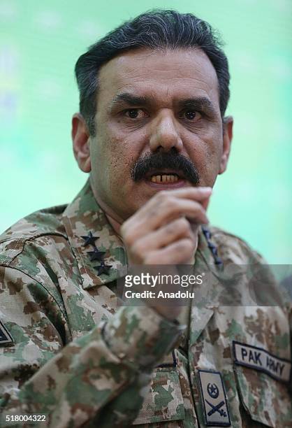 Pakistani Army Spokesman Lieutenant General Asim Saleem Bajwa holds a press conference at the Building of Ministry of Information and Broadcasting in...