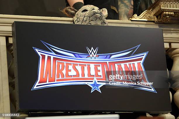 Mask detail as WWE professional wrestlers Erick Rowan, Bray Wyatt and Braun Strowman attend WWE WrestleMania Stars Ring The NYSE Opening Bell at New...