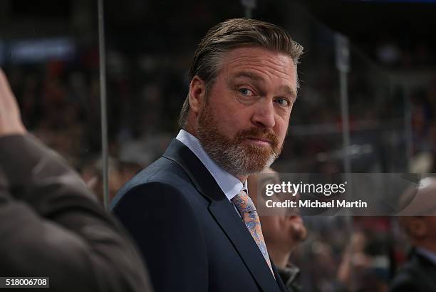 Head coach Patrick Roy of the Colorado Avalanche looks on during the game against the Philadelphia Flyers at the Pepsi Center on March 24, 2016 in...