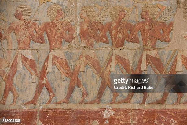 Detail of ancient Egyptian hieroglyphs showing Somalian slaves at the ancient Egyptian Temple of Hatshepsut near the Valley of the Kings, Luxor, Nile...