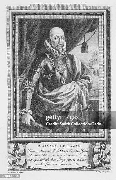 At etching from a portrait of Alvaro de Bazan, 1st Marquis of Santa Cruz de Mudela, he held the ranks of Captain General of the Sea and General...