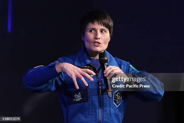 Astronaut Samantha Cristoforetti of the Italian European Space Agency gives a speech during a conference to promote the "Turin, capital of space" .