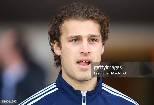 Erik Sviatchenko of Denmark looks on prior to the International Friendly match between Scotland and Denmark at Hampden Park on March 29, 2016 in...