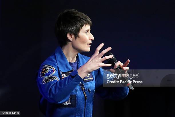 Astronaut Samantha Cristoforetti of the Italian European Space Agency gives a speech during a conference to promote the "Turin, capital of space" .