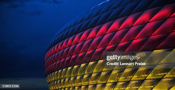 General view of Allianz Arena lit up in the colours of the German flag before the International Friendly match between Germany and Italy at Allianz...