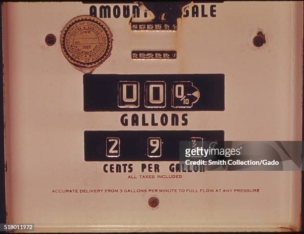 Abandoned gasoline pump with a price of 2.99 cents per gallon, Oregon, 1973. Image courtesy National Archives. .