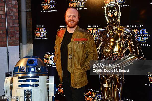 Leigh Francis aka Keith Lemon poses witn R2-D2 and C-3PO at the UK Gala Screening of "Secrets Of The Force Awakens: A Cinematic Journey" at...