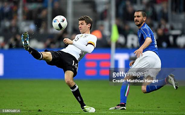 Thomas Mueller of Germany stopps the ball during the International Friendly match between Germany and Italy at Allianz Arena on March 29, 2016 in...