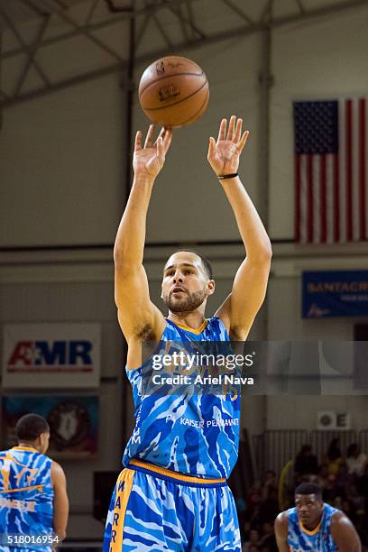 Mychel Thompson of the Santa Cruz Warriors shoots a foul shot against the Idaho Stampede during an NBA D-League game on MARCH 24, 2016 in Santa Cruz,...