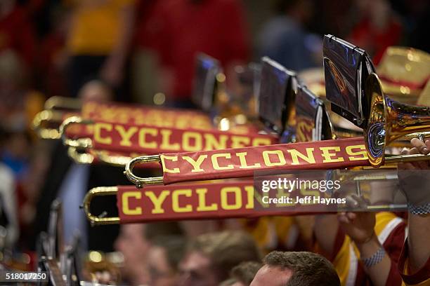 Playoffs: View of Iowa State trombone players with banners that read CYCLONES during game vs Virginia at United Center. Chicago, IL 3/25/2016 CREDIT:...