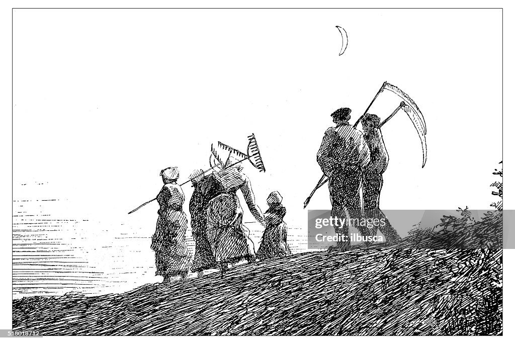 Antique illustration of farmers with tools walking toward the city
