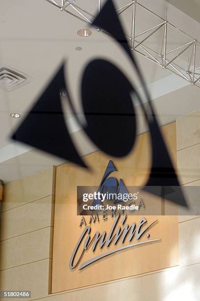 Signs inside the lobby of AOL headquarters is seen November 29, 2004 in Dulles, Virginia. The firm, which is owned by media giant Time Warner, is...