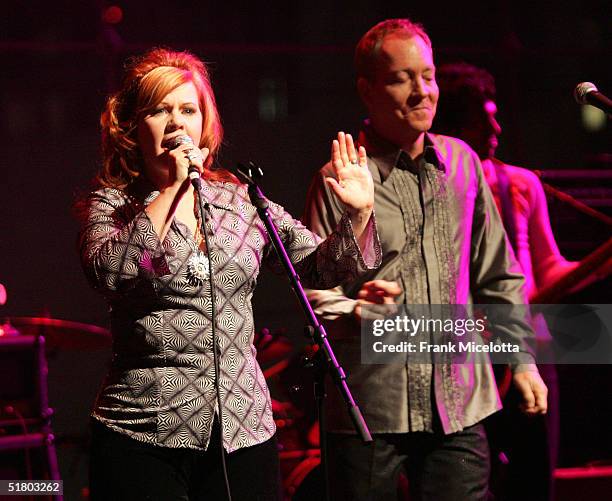 Kate Pierson and Fred Schneider of the B-52's perform onstage at the 2004 Music Has Power Awards at The Jazz at Lincoln Center's Allen Room November...