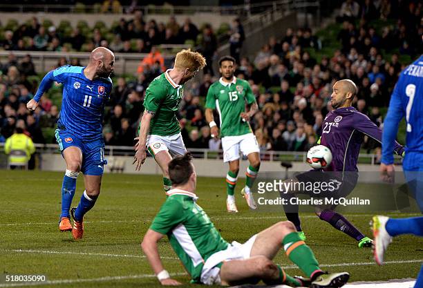 Robert Vittek of Slovakia scores during the international friendly match between the Republic of Ireland and Slovakia at Aviva Stadium on March 29,...