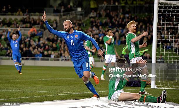 Robert Vittek of Slovakia celebrates after scoring during the international friendly match between the Republic of Ireland and Slovakia at Aviva...