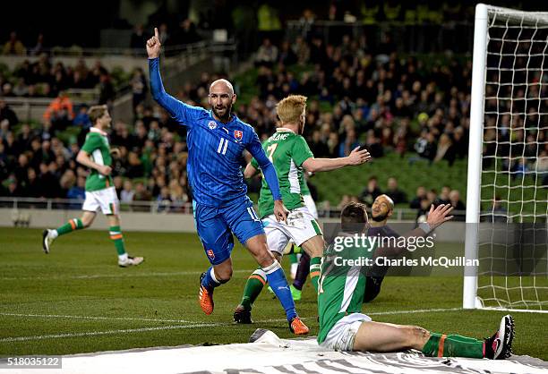 Robert Vittek of Slovakia celebrates after scoring during the international friendly match between the Republic of Ireland and Slovakia at Aviva...