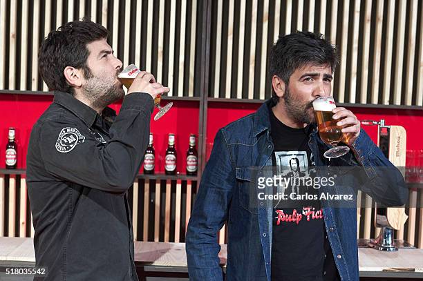 Jose Munoz and David Munoz of Estopa attend the Mahou Spot presentation at the Capitol cinema on March 29, 2016 in Madrid, Spain.