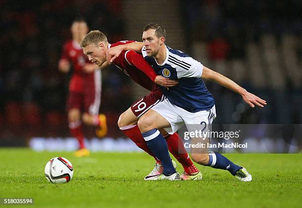 Nicolai Jorgensen of Denmark vies with Steven Whittaker of Scotland during the International Friendly match between Scotland and Denmark at Hampden...