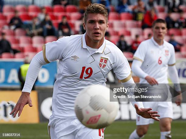 Lyanco Vojnovic of Serbia in action during the UEFA European U19 Championship Elite Round Group 7 match between Serbia and France at Stadium Cika...