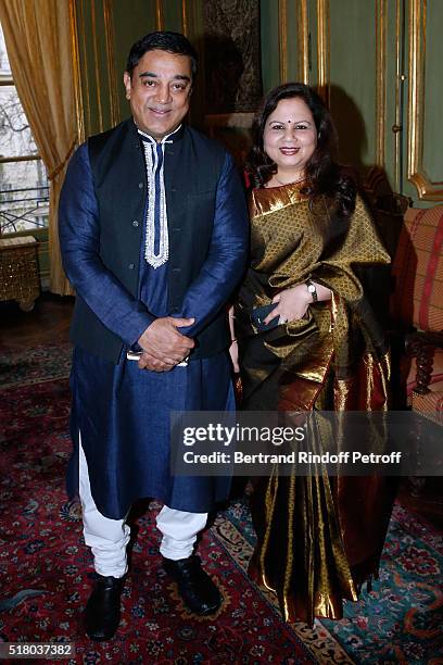 Actor Kamal Haasan and Wife of the Indian Ambassador to Paris, Mala Kumar attend the Tribute to Indian actor and director Kamal Haasan during the...
