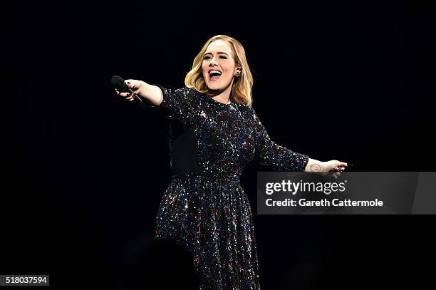 Adele performs at Genting Arena on March 29, 2016 in Birmingham, England.