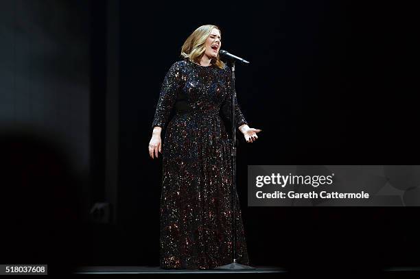 Adele performs at Genting Arena on March 29, 2016 in Birmingham, England.