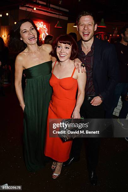 Cast members Kate Fleetwood, Daisy Lewis and James Norton attend the press night performance of "Bug" at Found111 on March 29, 2016 in London,...