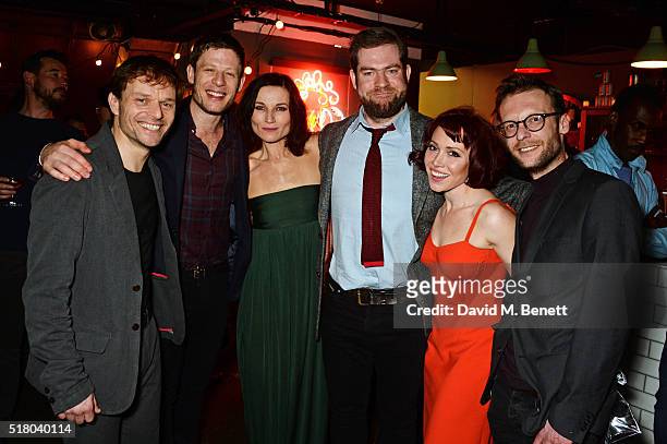 Cast members Alec Newman, James Norton, Kate Fleetwood, director Simon Evans, Daisy Lewis and Carl Prekopp attend the press night performance of...
