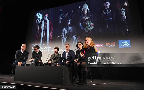 Dominic Cook, Ben Power, Tom Sturridge and Hugh Bonneville answer questions during a Q&A folllowing 'The Hollow Crown: The Wars of the Roses: Henry...