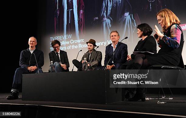 Dominic Cook, Ben Power, Tom Sturridge and Hugh Bonneville answer questions during a Q&A folllowing 'The Hollow Crown: The Wars of the Roses: Henry...
