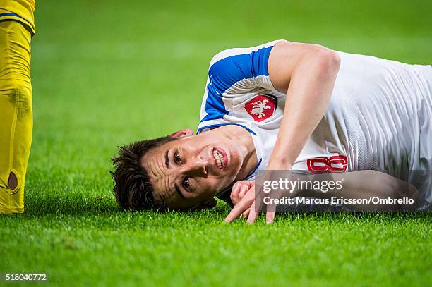 Czech Republics Josef Sural on the ground during the international friendly between Sweden and Czech Republic at Friends Arena on March 29, 2016 in...