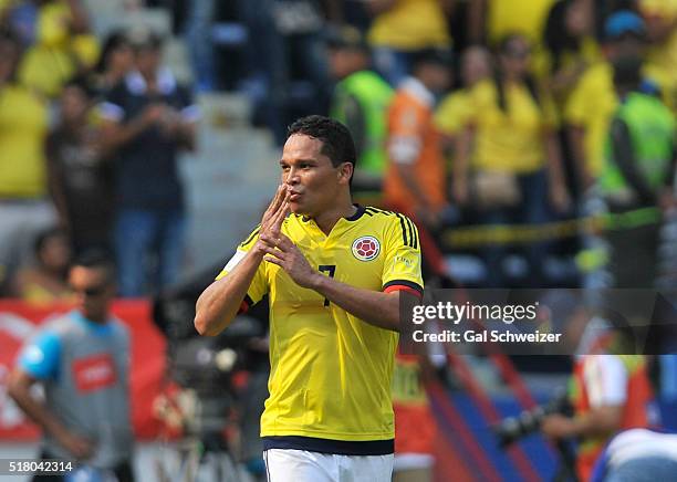 Carlos Bacca of Colombia celebrates after scoring the opening goal during a match between Colombia and Ecuador as part of FIFA 2018 World Cup...