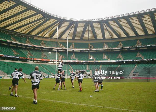 The Barbarians practice their line outs during the Barbarians training session at Twickenham Stadium on November 30, 2004 in London, England.