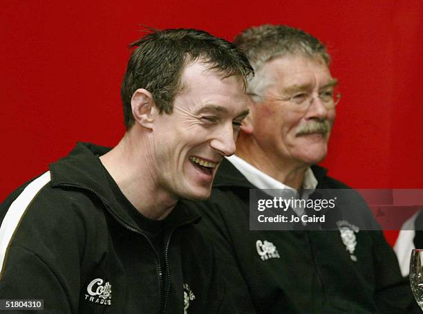 Assistant Coach Rob Howley and Bob Dwyer joke with the media during the press conference in the build up for The Barbarians v All Blacks game, at...