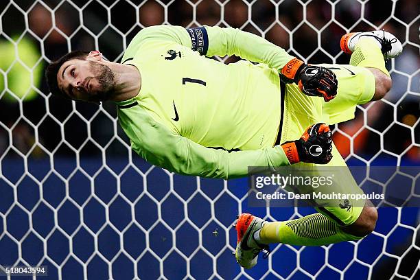 Goalkeeper, Hugo Lloris of France attempts and fails to save the shot and goal from going in during the International Friendly match between France...