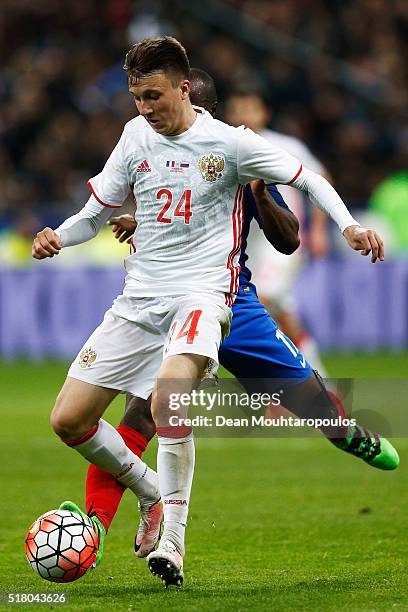 Aleksandr Golovin of Russia in action during the International Friendly match between France and Russia held at Stade de France on March 29, 2016 in...