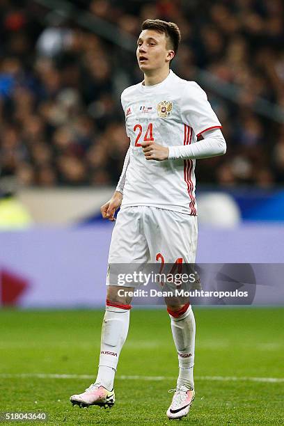 Aleksandr Golovin of Russia in action during the International Friendly match between France and Russia held at Stade de France on March 29, 2016 in...