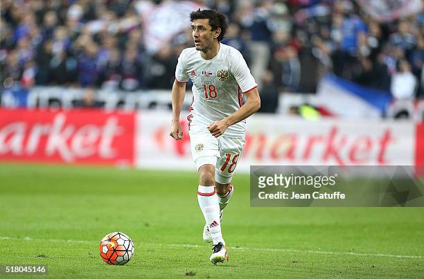 Yuri Zhirkov of Russia in action during the international friendly match between France and Russia at Stade de France on March 29, 2016 in...