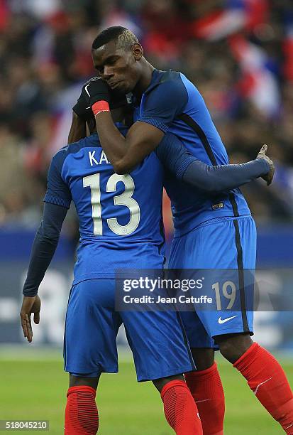 Golo Kante of France celebrates his goal with Paul Pogba of France during the international friendly match between France and Russia at Stade de...